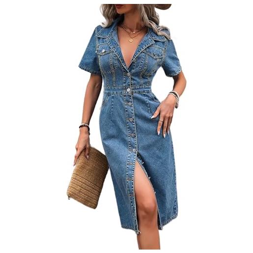 Generico abito bodycon in denim midi per donna - maniche corte, bottoni, scollo a v, abito camicia jeans con spacco
