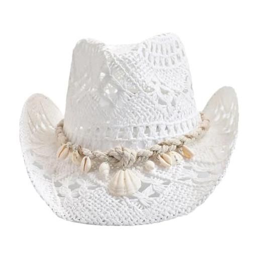 Generic cappello di paglia da donna con decorazione a conchiglia, per vacanze, spiaggia, cappello da sole chapeu panama estivo, bianco, taglia unica