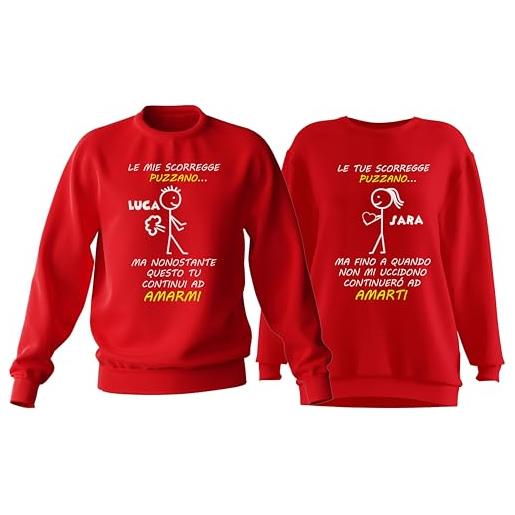 t-shirteria coppia felpe per san valentino con nomi personalizzati girocollo uomo, donna, felpa rossa in cotone, frase divertente lui lei ironia (le tue scorregge)