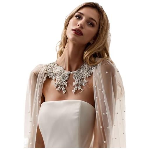 GAODESI coprispalle da sposa con perle e strass, in morbido tulle, bolero, bianco sporco, taglia unica