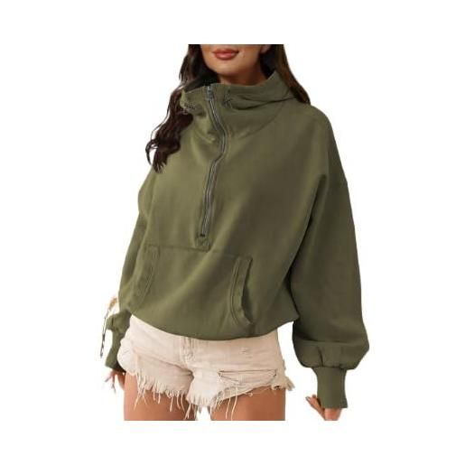 DSAoTeng felpe da donna a maniche lunghe con mezza zip, casual, alla moda, con coulisse, con cappuccio, per autunno inverno, verde militare, m