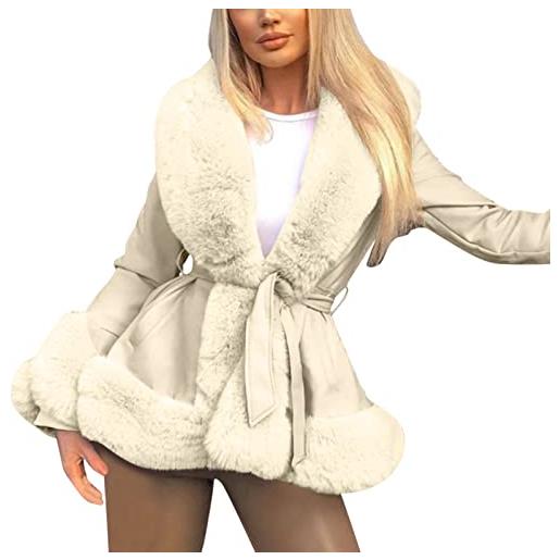 HHMY cappotto invernale da donna lungo - cappotto in ecopelle da donna con pelliccia collo a scialle cintura giacca cappotto con pelliccia sintetica parka lungo cappotto esterno trench in similpelle