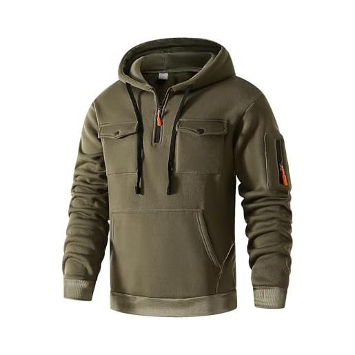 MakingDa felpa con cappuccio da uomo a maniche lunghe, con tasca sul petto, con risvolto, in pile, vestibilità aderente, casual, per tutti i giorni, cachi, m