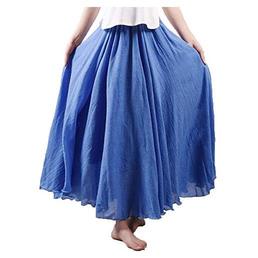 BININBOX gonna lunga maxi da donna in stile boho con elastico in vita, in cotone e lino, tinta unita (blu denim, 85cm)
