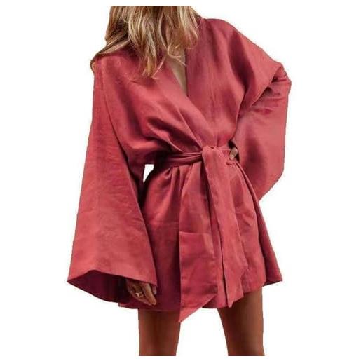WEITING abito da donna con lacci in kimono con scollo a v, cardigan, mini abito in cotone, lino, maniche lunghe, abito a vestaglia, stile estivo, abiti larghi-verde-xl