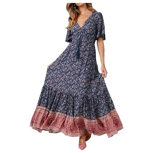 R.Vivimos abito boho estivo donna abito sexy scollo a v bottoni manica corta vestito elegante con volant orlo abito lungo maxi da spiaggia casual per le vacanze(m, blu scuro)