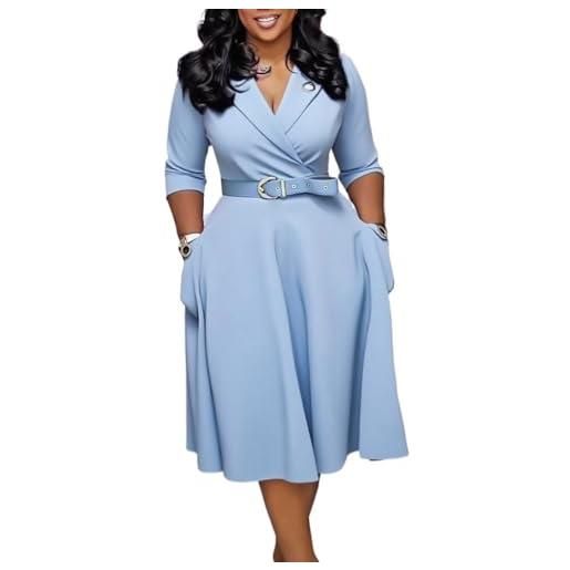Generic abito da donna elegante midi con scollo a v da cerimonia o da cerimonia abito casual semi formale svasato a trapezio con maniche a 3/4 e cintura(light blue, m)