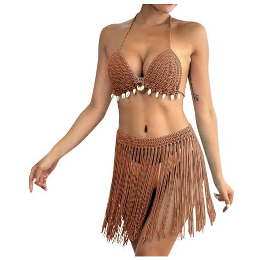 Generisch bikini da donna, costume da bagno a mano, set da due pezzi, top bikini con frange patchwork e gonna, marrone, taglia unica