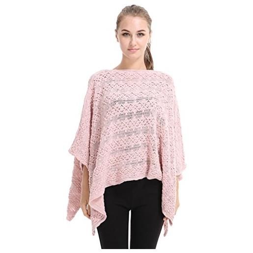 Lv. Rao autunno primaverile elegante largo crochet poncho a maglia mantelle sexy cover-up batwing pullover tops per donna (rosa, taglia unica)