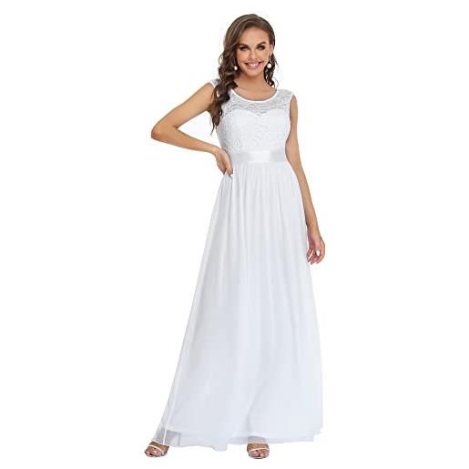 Ever-Pretty vestiti da sera lungo chiffon stile impero pizzo rotondo senza maniche donna bianco 46