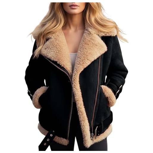 Generico cappotto in pile teddy da donna: giacca invernale calda per autunno e inverno, stile motociclista, maniche lunghe, effetto pelle scamosciata, similpelle, bomber