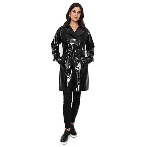 Charcoal Fashion trench classico da donna in vinile lucido resistente all'acqua con cintura, nero , s