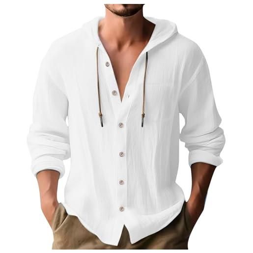 LinRim comoda ed elegante felpa con cappuccio, da uomo, in cotone e lino, a maniche lunghe, con cappuccio, camicia hawaiana, leggera, sottile, camicia estiva, bianco, m