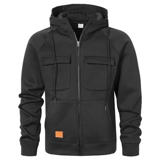 MEDUOLA felpa con cappuccio da uomo felpa con zip tasca multifunzionale giacca cardigan hoodie da jogging l, nero