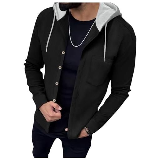 Oanviso felpa con cappuccio waffle da uomo giacca aperta con bottoni camicia cardigan felpe hoodie invernale sweatshirt a nero s