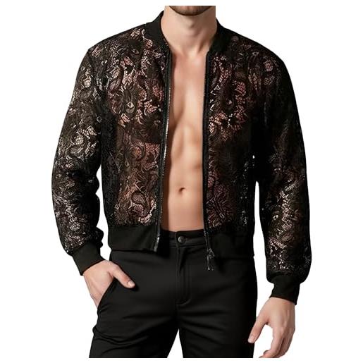 AIEOE uomo sexy top in maglia pizzo muscolare shirt trasparente giacca casual per night box s-xxl, bianco, m