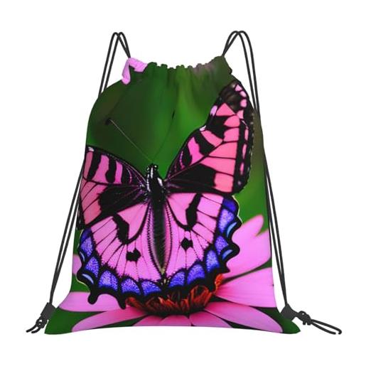 Generic borsa con coulissezaini sportivi per donna campeggio spiaggia 36x42cm unisex pieghevole borsa palestra pink flower purple butterfly