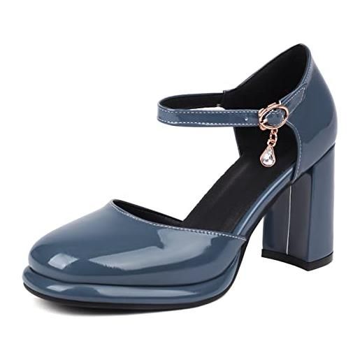 Gicoiz vernice sandali donna chunky tacco alto scarpe chiuse davanti scarpe comodo con cinturino alla caviglia punta rotonda serata formal plateau bridal vestito blu numero 37 eu-38cn