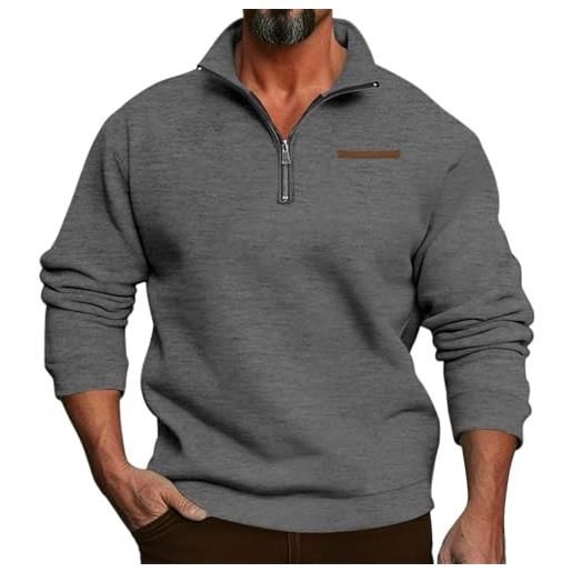 PODOLIXIA felpa con collo alto a 1/4 zip da uomo senza cappuccio autunno inverno maglione da lavoro con chiusura lampo a maniche lunghe troyer per il tempo libero da uomo, grigio scuro, 3xl