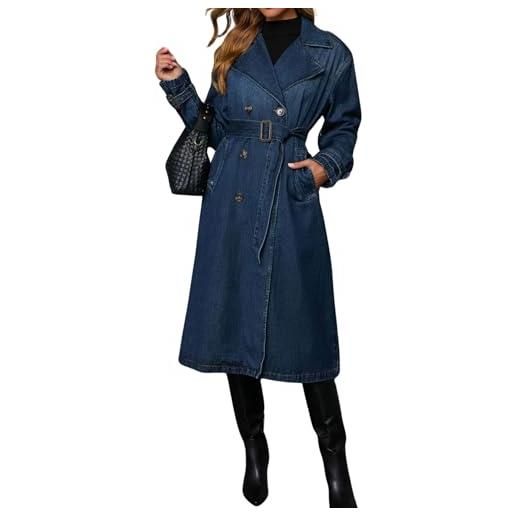 loveimgs donne vintage doppio petto mid lungo denim giacca jean trench cappotto duster blazer giacca a vento cintura, blu, x-large