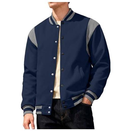SPORTARC giacca da uomo con colletto da baseball e cardigan in peluche e giunture per uso casual e streetwear (l blu)