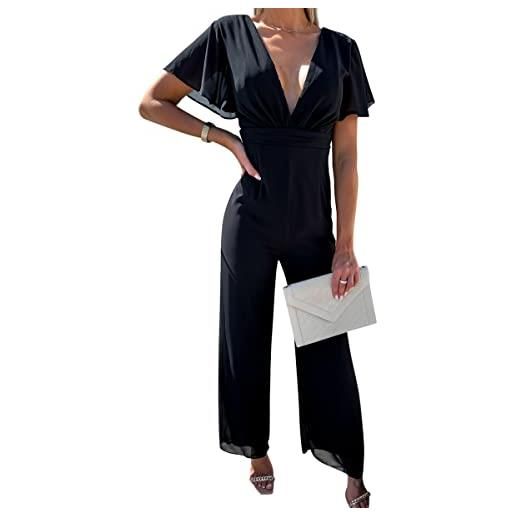 Onsoyours tute da donna manica corta monopezzi tutine larga pantaloni lungo elegante casual jumpsuit tinta unita playsuit scollo a v profondo overall tutine vestito abito cerimonia a nero xl
