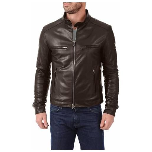 RINDWAY-IT giacca biker in vera pelle marrone uomo quattro tasche linee spalle rindway, l, trapunta (autunno-inverno), marrone scuro