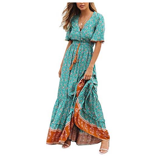 R.Vivimos abito boho estivo donna abito sexy scollo a v bottoni manica corta vestito elegante con volant orlo abito lungo maxi da spiaggia casual per le vacanze(l, verde)
