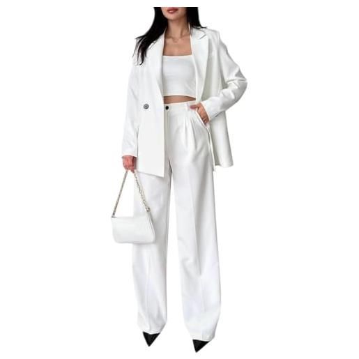 Minetom tailleur con pantalone due pezzi donna elegante business maniche lunghe ufficio blazer con bottone pantaloni e giacca completo set a bianco xl