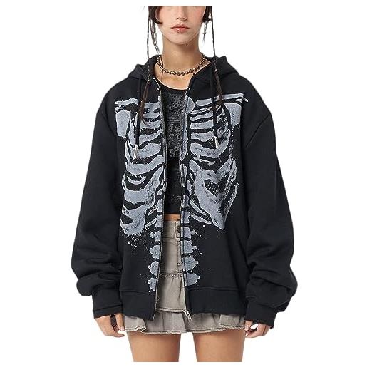 Goudyna felpa con cappuccio da donna y2k a maniche lunghe con cerniera grunge harajuku punk grunge con cappuccio cappotto streetwear, nero , s
