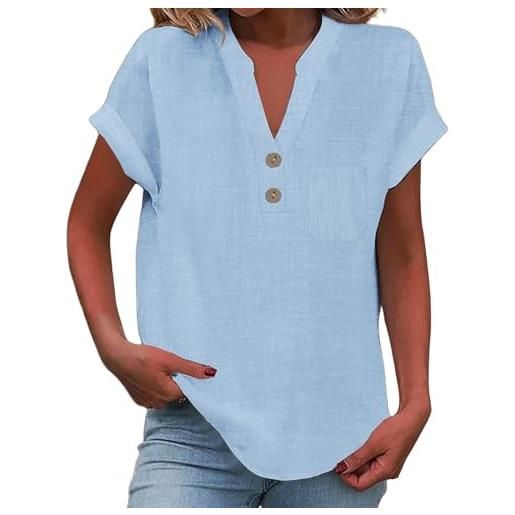 Nantdog camicie in lino da donna estive a maniche corte casual maglie henley vacanza spiaggia tempo libero con bottoni blusa tunica leggera, b-light blue, l