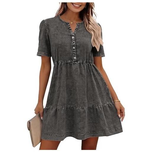 Ancapelion abito estivo da donna, in jeans, per donna, con bottoni, linea ad a, casual, a maniche corte, da babydoll, b-grigio scuro. , m