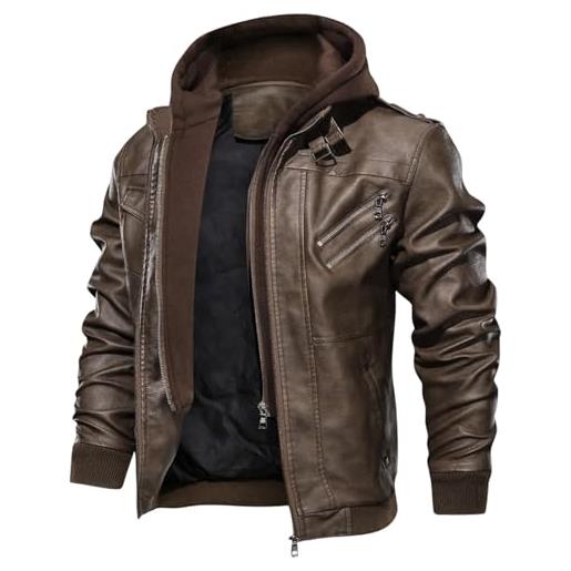 Modeewel giacca da uomo in pelle pu giacca autunno cappotti moto in ecopelle giacca caldo cappotto invernale giacche con cappuccio vintage giacca da motociclista antivento giacca da moto, caffè, m