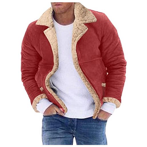 Vexiangni giacca di peluche da uomo teddy, in pile, con chiusura a strappo, soffice, elegante cappotto in pile, morbido, basic, colore: rosso, xl