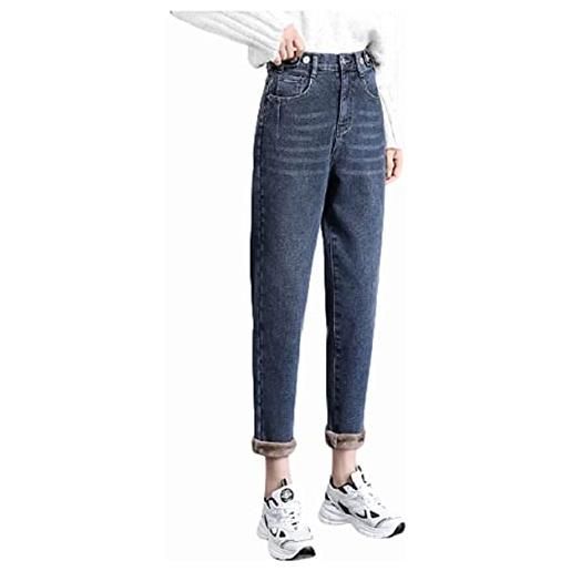 Lazutom inverno in pile foderato jeans inverno elastico a vita alta caldo termico denim pantaloni, blu scuro, 46