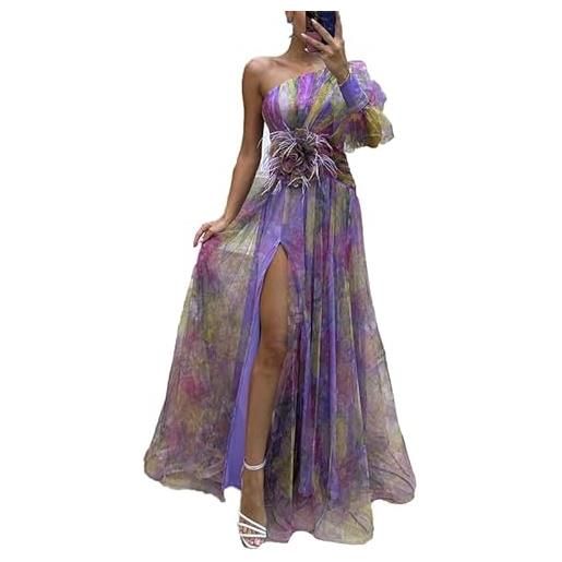 MANYMANY donne impero vita fiore fessura tulle abiti da ballo 2024 una spalla manica lunga stampa floreale abiti da festa di sera per donna