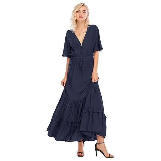 R.Vivimos abito boho estivo donna abito sexy scollo a v bottoni manica corta vestito elegante con volant orlo abito lungo maxi da spiaggia casual per le vacanze(l, navyblue)