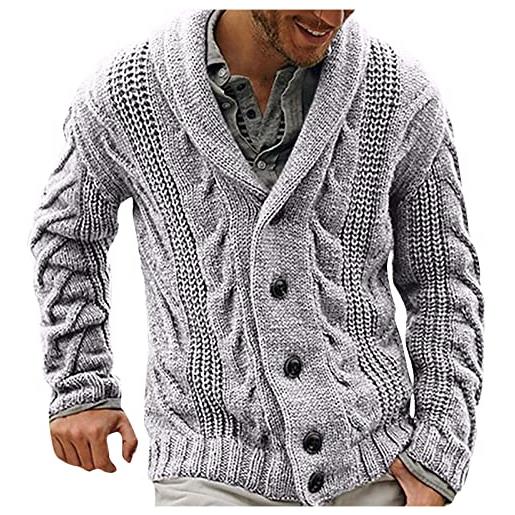 Lovraj cardigan da uomo a maglia grossa, invernale, a maniche lunghe, con bottoni, per il tempo libero, con collo, grigio. , l
