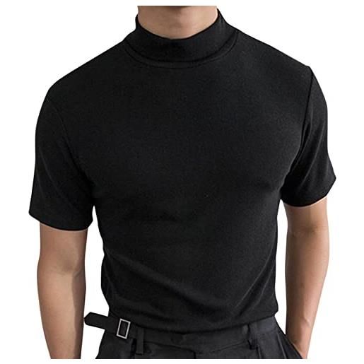 Generisch maglietta da uomo estiva con scollo rotondo, in maglia fine, a maniche corte, con collo alto, slim fit, basic, top muscolare, girocollo, manica corta, nero , l