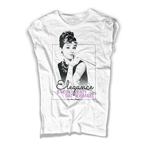 3styler t-shirt donna bianca audrey hepburn - elegance is the only beauty that never fades - linea collection - cotone fiammato (slub) 150 gr/mq (s, bianco)