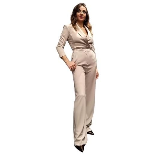 Imperial tuta donna elegante doppiopetto tuxedo con risvolto a contrasto colore beige taglia l