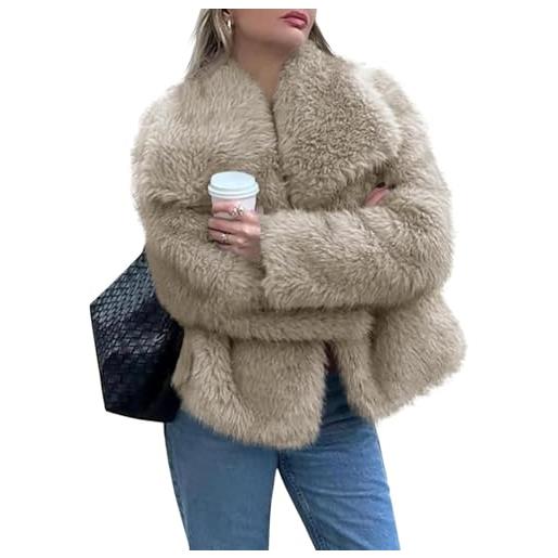 Hecatombic donna autunno e inverno corta manica lunga peluche caldo cardigan giacca casual pelliccia sintetica risvolto cappotto antivento (kaki, m)