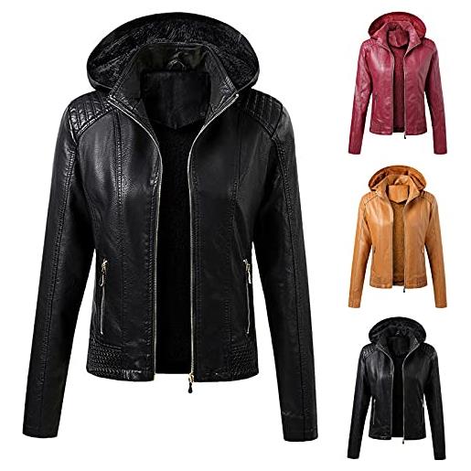 LJHH giacche di ecopelle corto slim donna cappotto in pelle da donna crop con cappuccio giacca da donna in similpelle con cerniera giubbino jeans antivento giacca moto donna parka a vento giacche