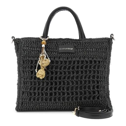 CAFèNOIR - borsa a mano in rafia con lavorazione crochet con charms, da donna, colore nero, taglia onesize