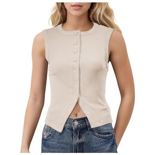 Panegy maglia da donna con bottoni, senza maniche, canotta, maglia girocollo, senza maniche, beige, piccola