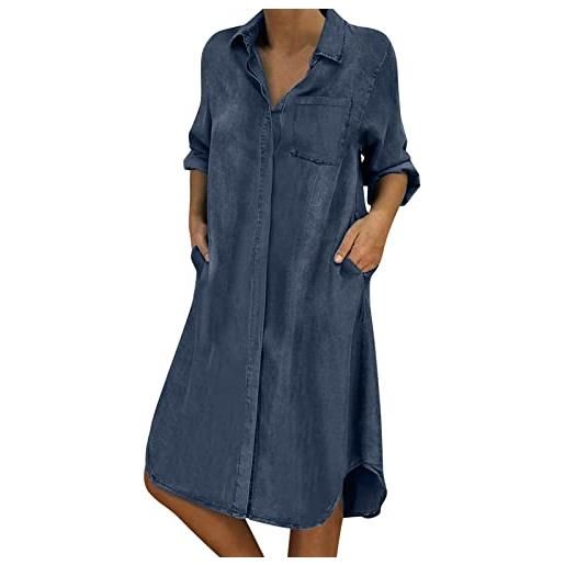 Generisch abito in jeans da donna, a maniche lunghe, sciancrato, lunghezza al ginocchio, elegante, colore blu, per il tempo libero, con bottoni, per feste, da spiaggia, con tasche, tinta unita, blu marino, l