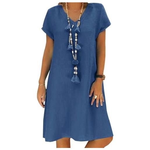 Tincini abito estivo da donna, in lino, casual, con scollo a v, a maniche corte, linea ad a, senza accessori, a blu, l