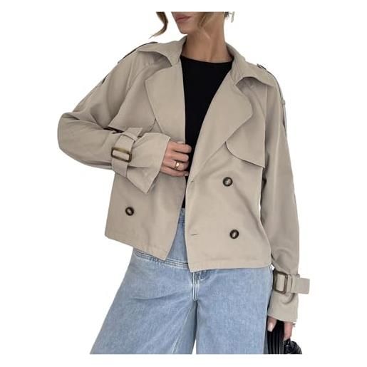 Goolecrimp trench corto doppiopetto da donna alla moda per la primavera con revers ideale per outfit da ufficio business e casual autunnale (cachi, s)