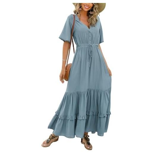 R.Vivimos abito boho estivo donna abito sexy scollo a v bottoni manica corta vestito elegante con volant orlo abito lungo maxi da spiaggia casual per le vacanze(s, haze. Blue)