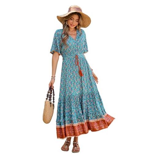 R.Vivimos abito boho estivo donna abito sexy scollo a v bottoni manica corta vestito elegante con volant orlo abito lungo maxi da spiaggia casual per le vacanze(m, teal-floreale)